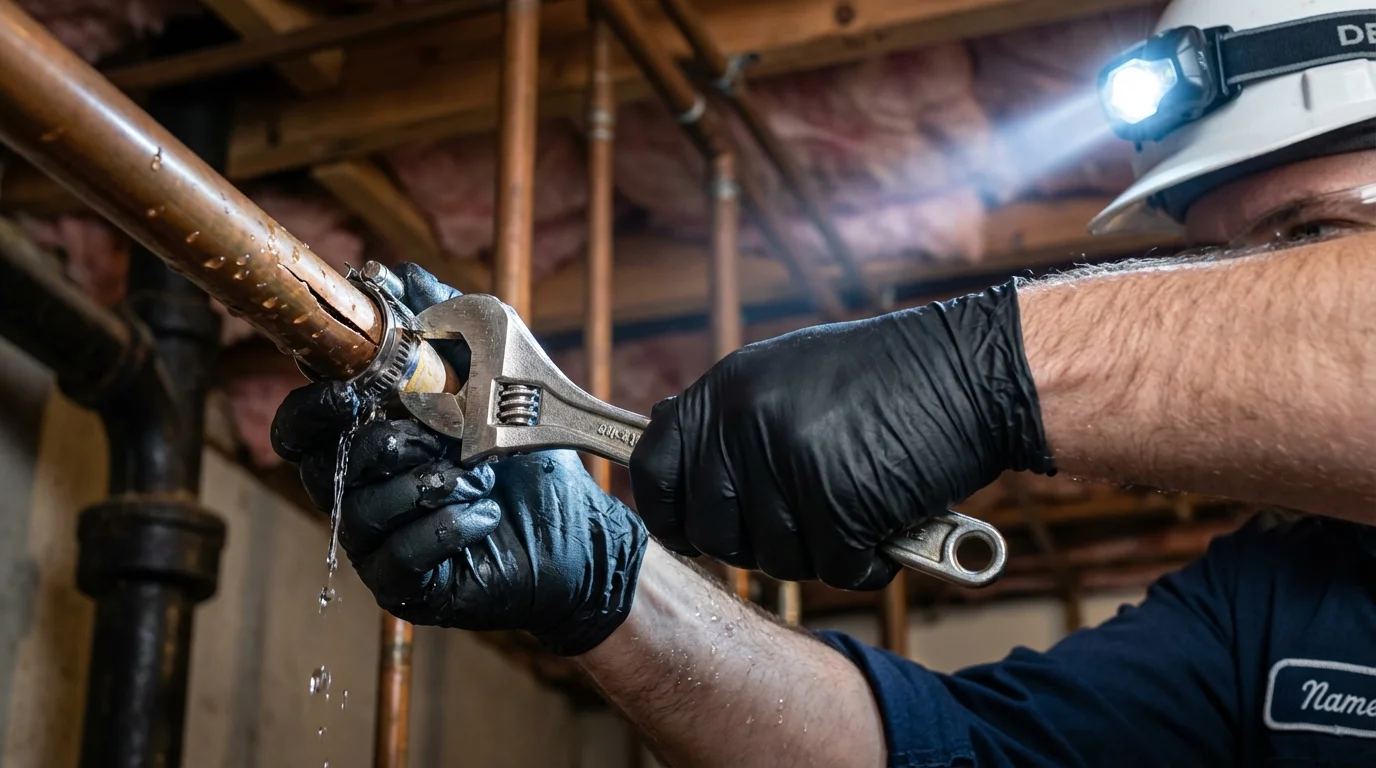 Emergency pipe clamp repair being performed by a Johns Plumbing LLC plumber in Dalhart