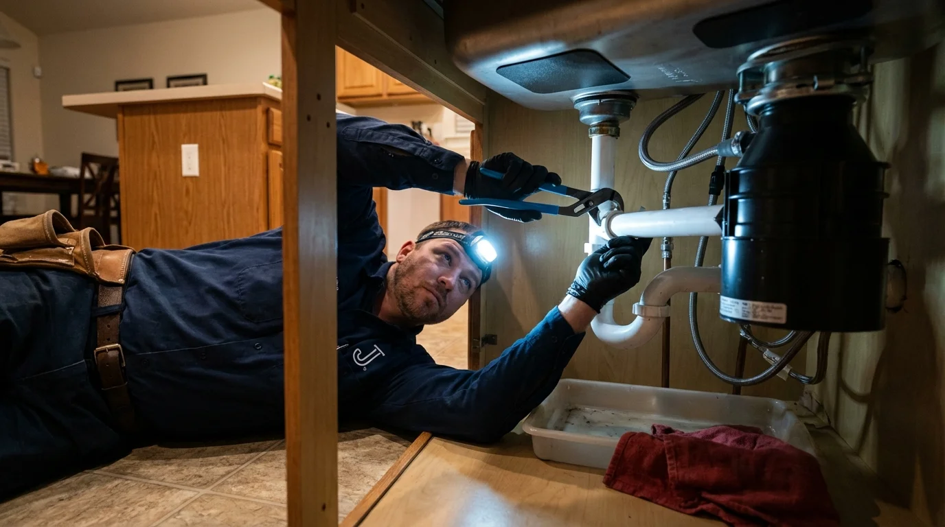 P-trap and supply line connections under a kitchen sink showing a common leak point in Dalhart, TX